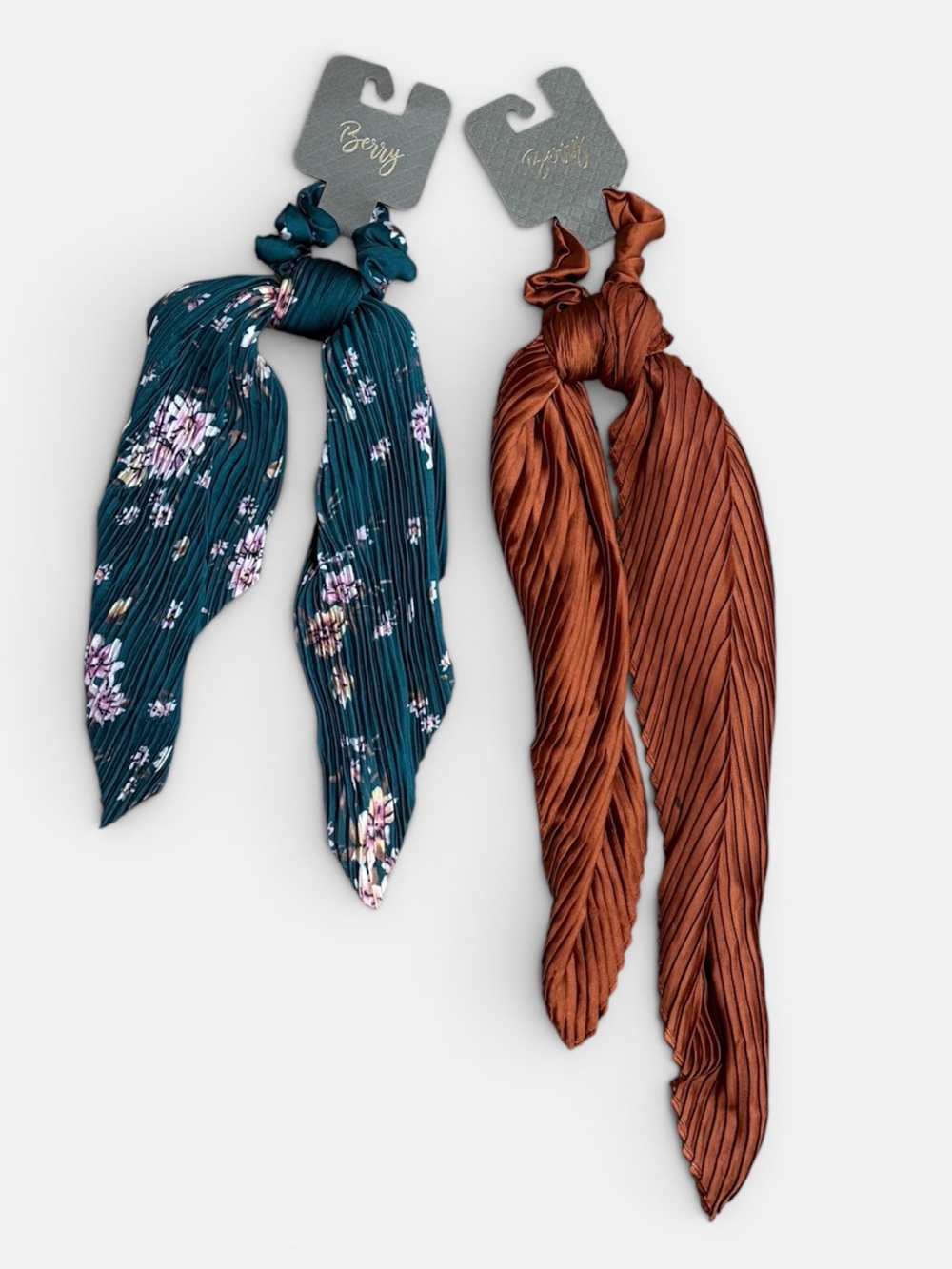 Pleated Scarf Scrunchies Bundle of 2 Teal Floral & Rust Ponytail